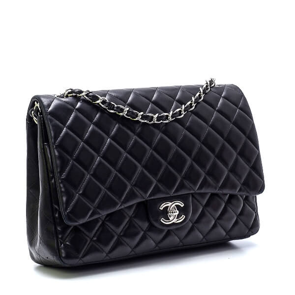 Chanel - Black Quilted Lambskin Leather Maxi Jumbo Double Flap Bag